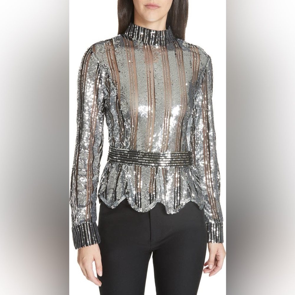 Derek Lam 10 Crosby SEQUIN MOCK-NECK SCALLOPED LONG-SLEEVE BLOUSE IN BLACK (L)